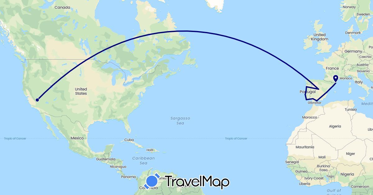 TravelMap itinerary: driving in Spain, Portugal, United States (Europe, North America)